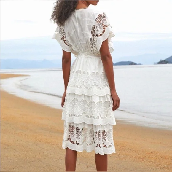 NWOT Farm Rio Off White Richelier MIDI Tiered Dress Eyelet Embroidery size XS - Picture 2 of 12